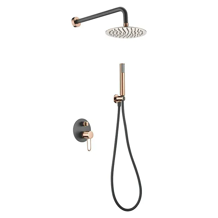 Imex Milos Sistema de ducha empotrado - Con grifo monomando, Negro/Oro rosa - Imagen de un moderno conjunto de ducha en negro y cobre. El conjunto incluye un cabezal de ducha, una ducha de mano y una válvula.