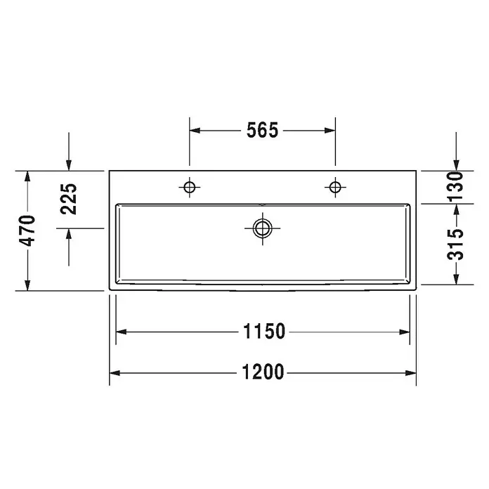 Duravit Vero Air Doppelwaschtisch - 120 x 47 cm, Ohne Spezialglasur, Hahnloch: Mitte, Ohne Überlauf, Weiß, Ungeschliffen - Draufsicht des Waschbeckens mit Maßangaben zu Länge, Breite und Position der Armaturen für Installationszwecke.