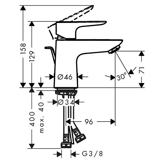 Hansgrohe Talis E Waschtischarmatur 80 - Chrom, Glänzend - Abbildung eines Wasserhahns mit Maßangaben zu Höhe (158 mm), Ausladung (96 mm) und Durchmesser (Ø46 mm) für Installationszwecke.