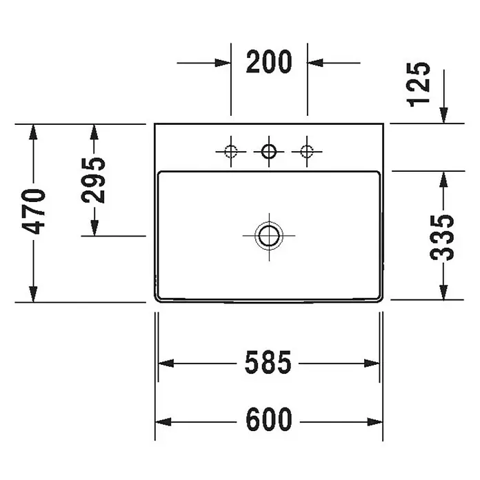 Duravit DuraSquare Waschtisch - 60 x 47 cm, Ohne Spezialglasur, Hahnloch: Mitte, Ohne Überlauf, Weiß, Geschliffen - Draufsicht auf ein Waschbecken mit detaillierten Maßangaben für Design und Installation.