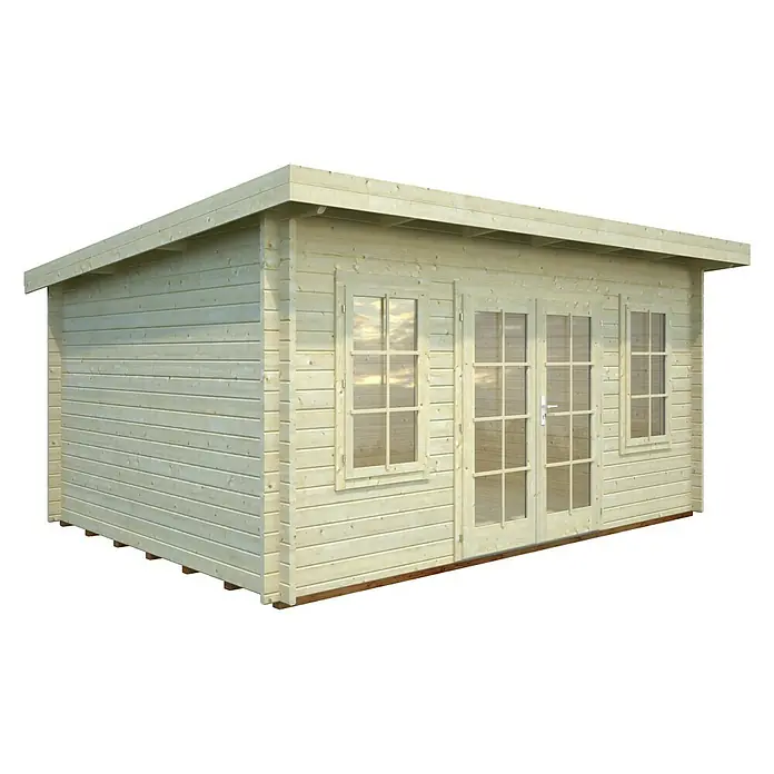 Palmako Gartenhaus Lisa - Außenmaß inkl. Dachüberstand (B x T): 494 x 394 cm, Holz, Natur - Eine helle, moderne Blockhütte mit Fenstern und Doppeltür, die sich ideal als Gartenhaus oder zusätzlicher Wohnraum eignet.