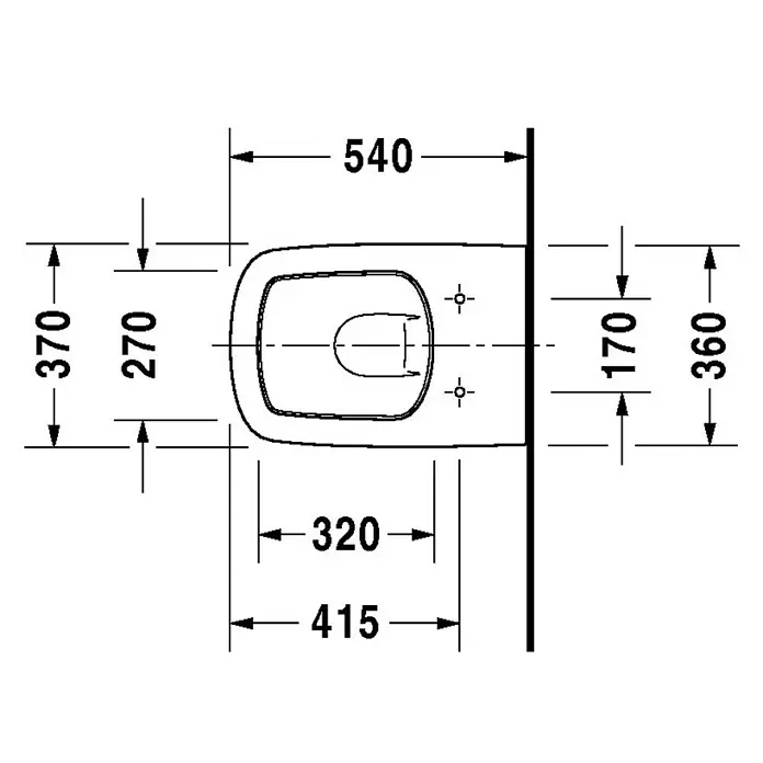 Duravit DuraStyle Wand-WC Typ 2 - Spülrandlos, Ohne Spezialglasur, Spülform: Tief, WC Abgang: Waagerecht, Weiß - Draufsicht auf eine Toilette mit Maßen.