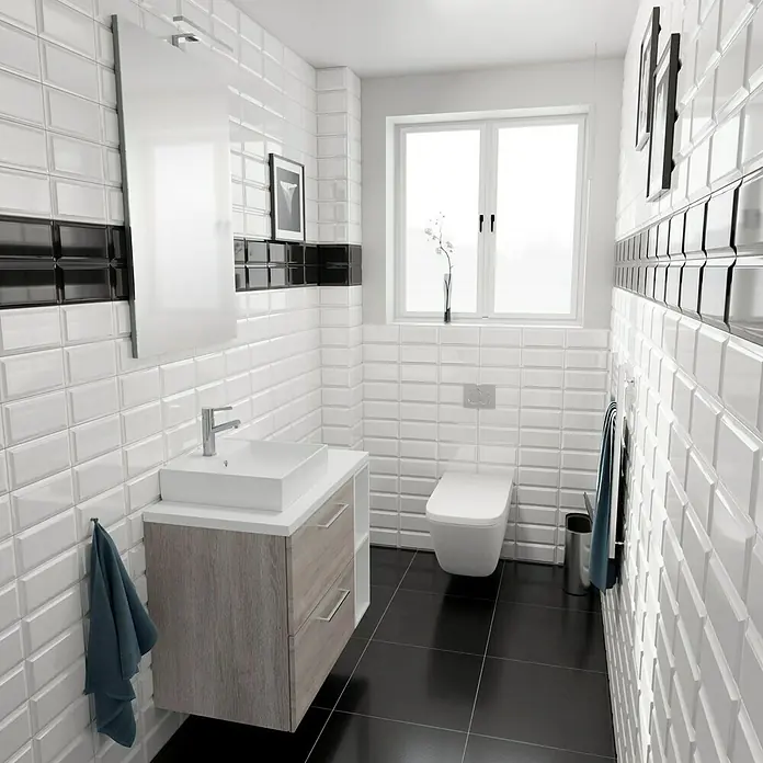 Badmöbel-Set G77 - 80 cm, Faro - Modernes Badezimmer mit weißen Ziegelwänden, schwarzen Akzenten und stilvoller Waschtischkombination für ein elegantes Ambiente.