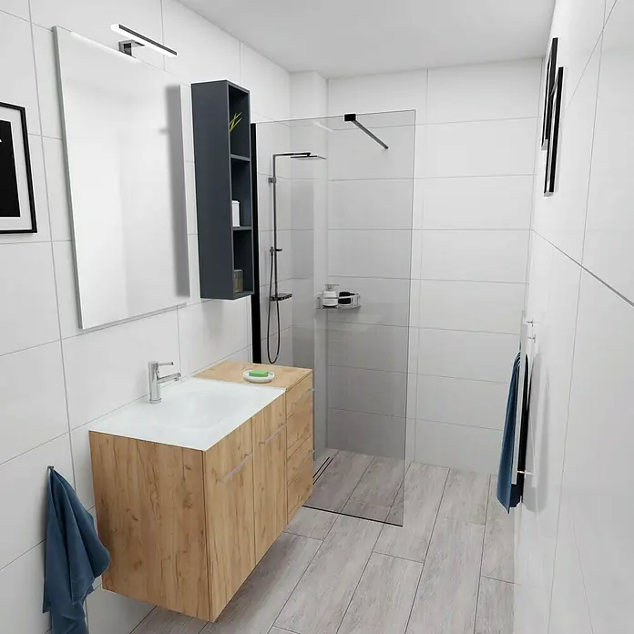 Camargue Espacio Badmöbel-Set H26 - 90 cm, Doce - Badezimmer-Interieur mit Waschtischunterschrank aus Holz, großem Spiegel und Duschkabine. Elegantes Design für moderne Bäder.