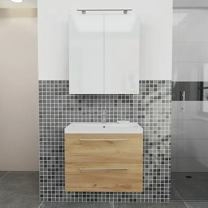 Camargue Espacio Waschtischunterschrank - 80 x 46 x 60 cm, 2 Schubkästen, Doce - Ein Waschbeckenunterschrank mit zwei Schubladen und einem weißen Waschbecken. Darüber hängt ein weißer Spiegelschrank.