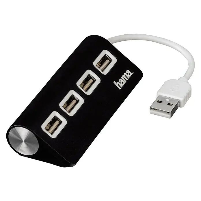 Hama USB-Hub - USB 2.0, Schwarz/Weiß - Ein schwarzer Hama USB-Hub mit vier Anschlüssen und einem weißen USB-Kabel. Der Hub hat ein silbernes Ende und das Hama-Logo ist aufgedruckt.