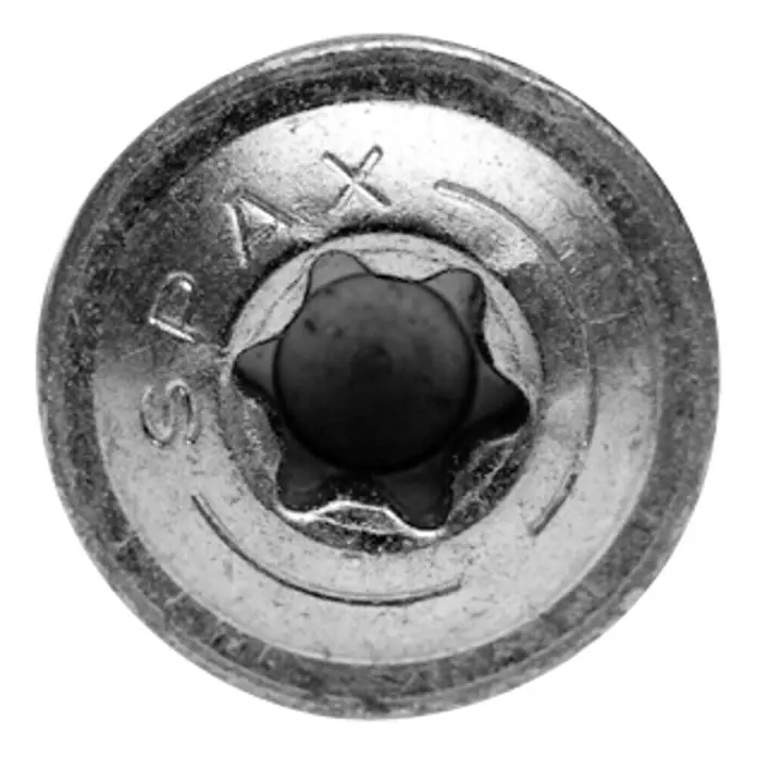 Spax HI FORCE Tellerkopfschraube HI.FORCE - Ø x L: 6 x 80 mm, WIROX Oberfläche, T-Star plus, 10 Stk. - Nahaufnahme einer Torx-Schraube mit flachem Kopf aus Metall, die ein sicheres und festes Anziehen ermöglicht.