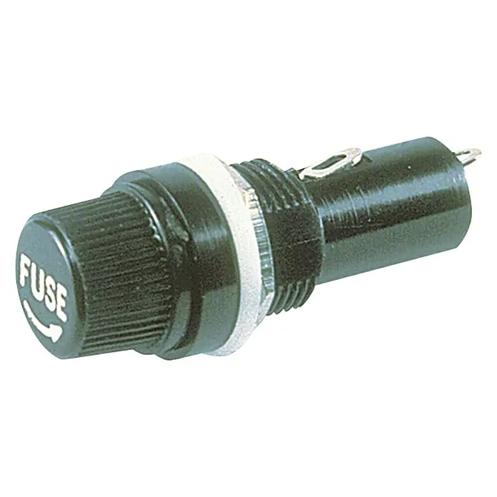 Talamex Sicherungshalter - Geeignet für: Glassicherungen 30 mm, 12 V - Nahaufnahme einer schwarzen Sicherungshalterung mit einer weißen Beschriftung „FUSE“ und einem Pfeil.