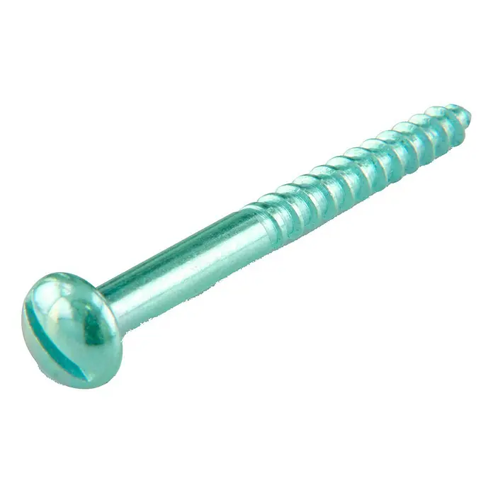 Stabilit HolzschraubeØ x L: 5 x 40 mm, Verzinkt, 8 Stk., Panhead, Schlitz - Nahaufnahme einer glänzenden, türkisfarbenen Schraube mit Schlitzkopf und Gewinde, isoliert auf Weiß.