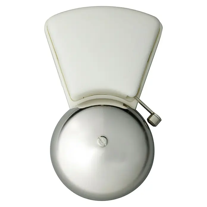 Heidemann Läutewerk - 2-spulig, 38 x 80 x 128 mm, 82 dB - Nahaufnahme einer Klingel mit glänzender Metallglocke und weißer Halterung. Ideal für den Eingangsbereich.