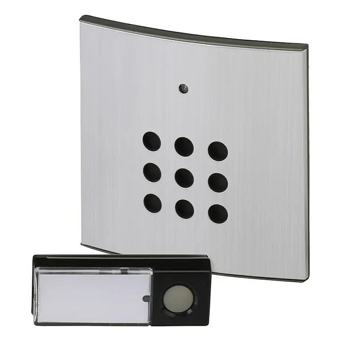 Heidemann Funk-Gong-Set HX Style - Reichweite ca.: 150 m, 70 dB - 88 dB, Batteriebetrieben, IP55 - Drahtlose Türklingel mit Namensschild, Klingelknopf und stylischer Edelstahl-Abdeckung mit Löchern.
