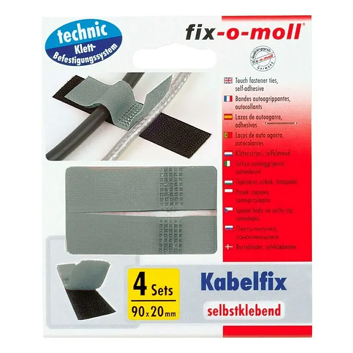 Fix-o-moll Klett-Kabelbinder - 90 x 20 mm, Kleben, 4 Stk. - Selbstklebende Kabelfix Klettbänder von fix-o-moll zur einfachen und flexiblen Kabelbefestigung.