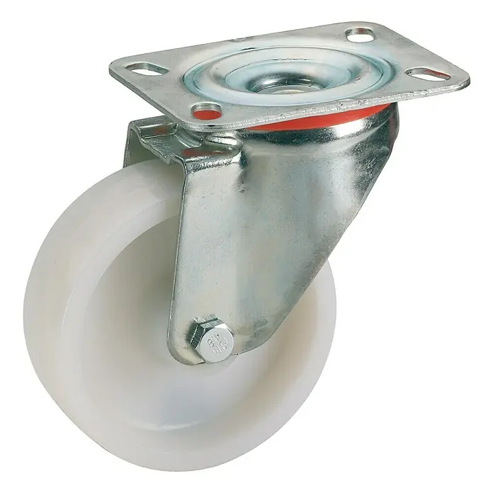 Stabilit Transportgeräterolle - Durchmesser Rollen: 100 mm, Traglast: 200 kg, Gleitlager, Mit Platte - Lenkrolle mit weißem Rad und verzinkter Stahlhalterung für Möbel und Geräte. Hochwertige, robuste Ausführung für vielseitigen Einsatz.