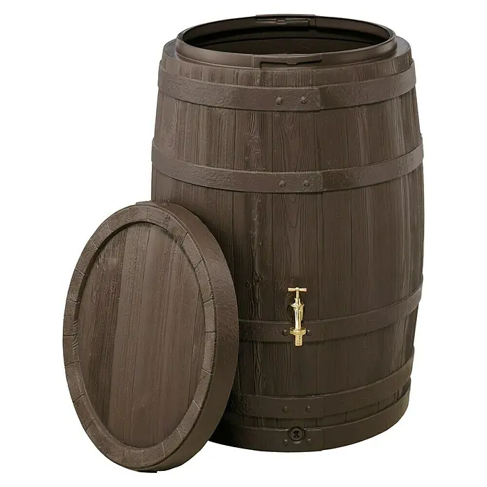 Garantia Classic Line Regenspeicher Barrica - 260 l, Dunkelbraun - Ein braunes Weinfass mit goldenem Zapfhahn und Deckel lehnt daneben, ideal für stilvolle Getränkelagerung und Gartenakzente.