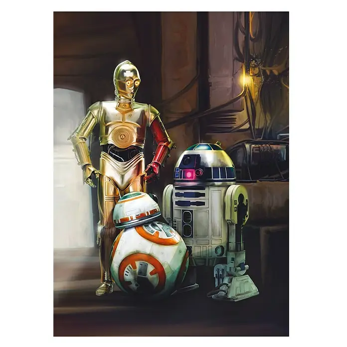 Komar Star Wars Fototapete Three Droids - 4 -tlg., B x H: 184 x 254 cm, Papier - Eine farbenfrohe Illustration der Star Wars Droiden C-3PO, R2-D2 und BB-8. Ideal für Fans und Sammler von Star Wars Artikeln.