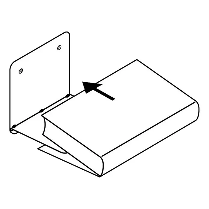 Element System Bücherregal Aladin - Traglast: 8 kg - Eine Buchstütze mit einem Buch, das hineingeschoben wird, dargestellt in einer klaren, einfachen Illustration.