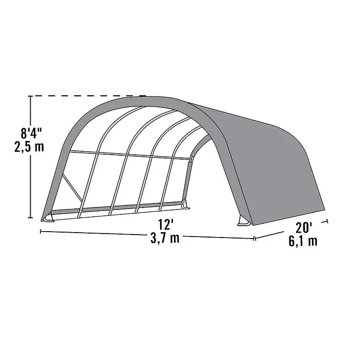 ShelterLogic Garage - Außenmaß inkl. Dachüberstand (B x T): 370 x 610 cm, Kunststoff, Grün - Illustration eines grauen Überdachungs-Zeltes mit Maßen.