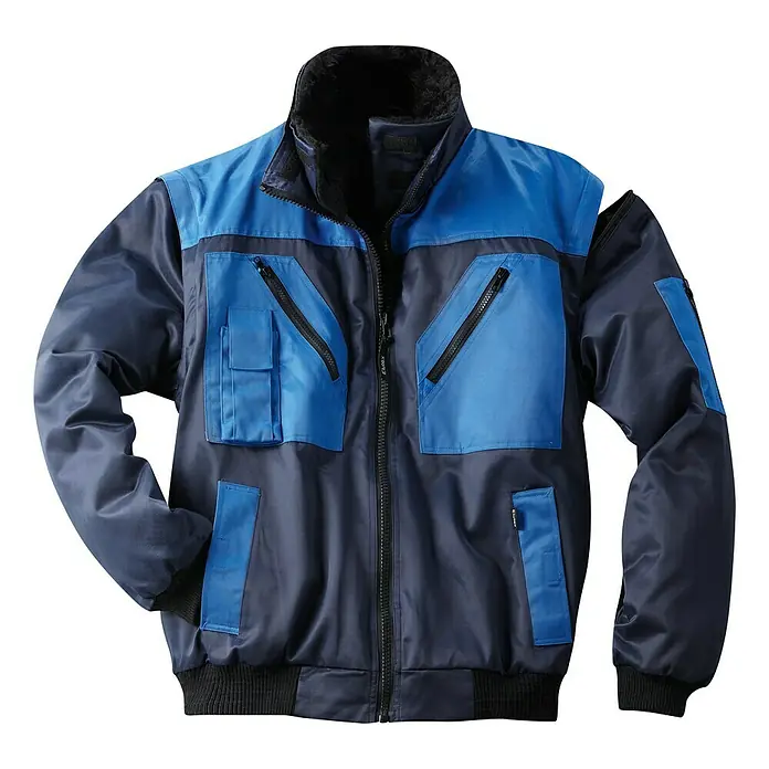 Elutex Piloten-Blouson 4in1 - Navy/Royalblau, XL - Abgebildete, marineblaue Arbeitsjacke mit blauen Akzenten, Taschen und Reißverschluss für Handwerker und Industriearbeiter.