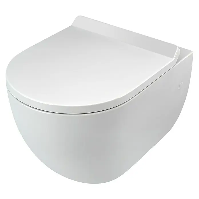 Camargue Wand-WC Rom - Spülrandlos, Ohne Spezialglasur, Spülform: Tief, WC Abgang: Waagerecht, Weiß - Nahaufnahme einer modernen, wandhängenden Toilette in Weiß, die ein schlankes und minimalistisches Design aufweist.