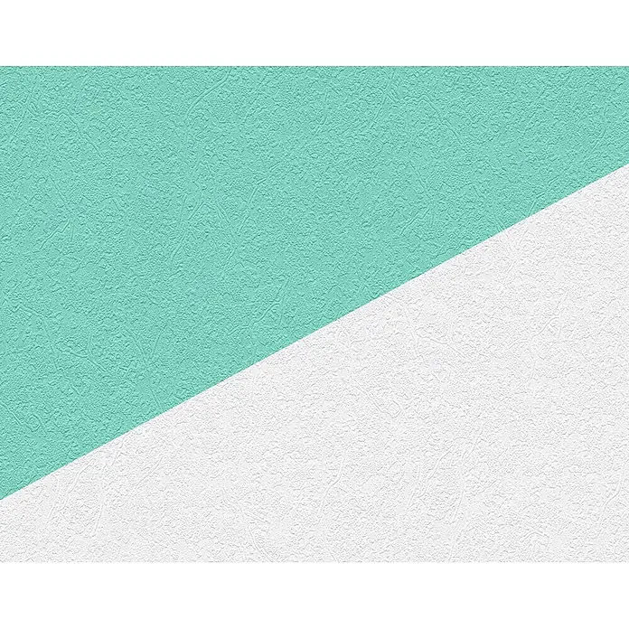 Atlantis Design Vliestapete Flächenputz I - Weiß, Uni, 10,05 x 0,53 m - Zweifarbiger Hintergrund mit einer strukturierten Oberfläche in Türkis und Weiß, die sich diagonal trennen und eine interessante Textur erzeugen.