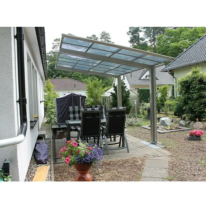 Ximax Carport LINEA 60 - Außenmaß inkl. Dachüberstand (B x T): 2,73 x 4,95 m, Edelstahloptik, Einzelcarport - Ein eleganter Terrassenüberdachung bietet Schutz und Stil. Genießen Sie den Außenbereich bei jedem Wetter unter diesem modernen Schutzdach.