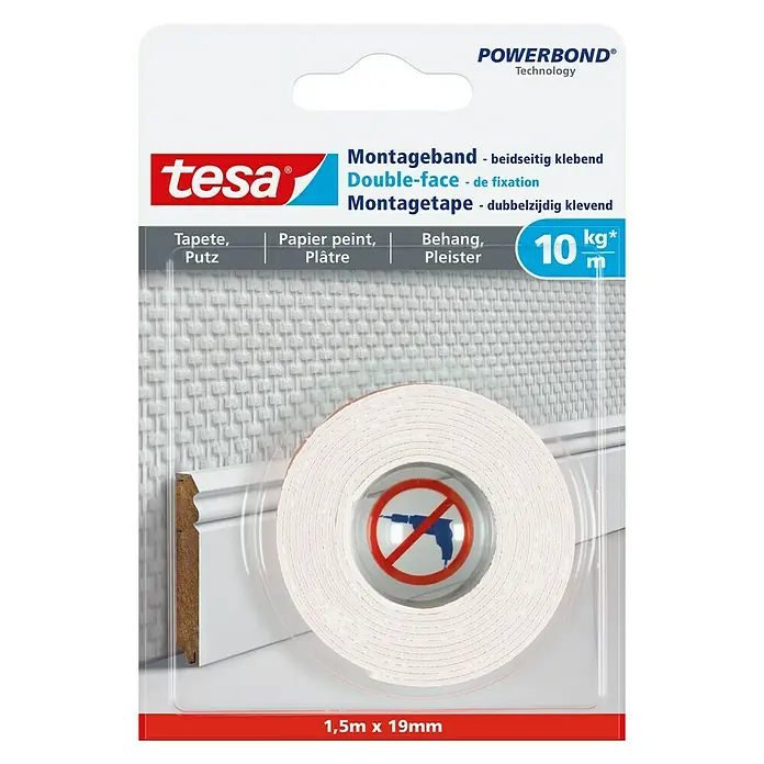 Tesa Montageband - Geeignet für: Tapeten, Belastbarkeit pro m: 10 kg, 1,5 m x 19 mm - Tesa Powerbond Montageband: Doppelseitiges Klebeband für zuverlässige Befestigung ohne Bohren, ideal für Tapeten und Putz.