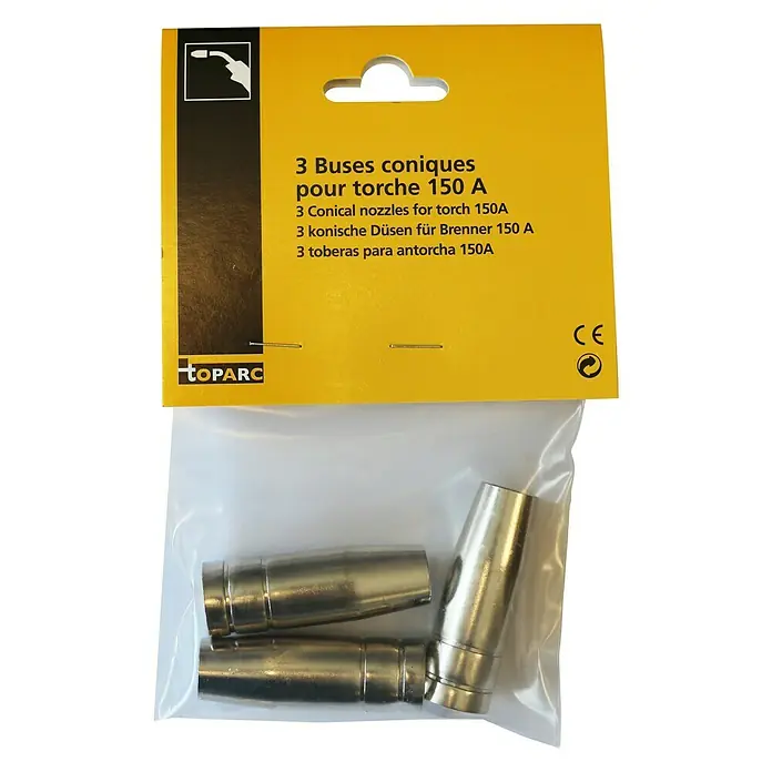 Gys Schweiß-Gasdüse -  - Bild von Toparc 3 konischen Düsen für eine 150-A-Schweißbrenner, verpackt in einer durchsichtigen Plastiktüte mit gelbem Kartonaufsatz.