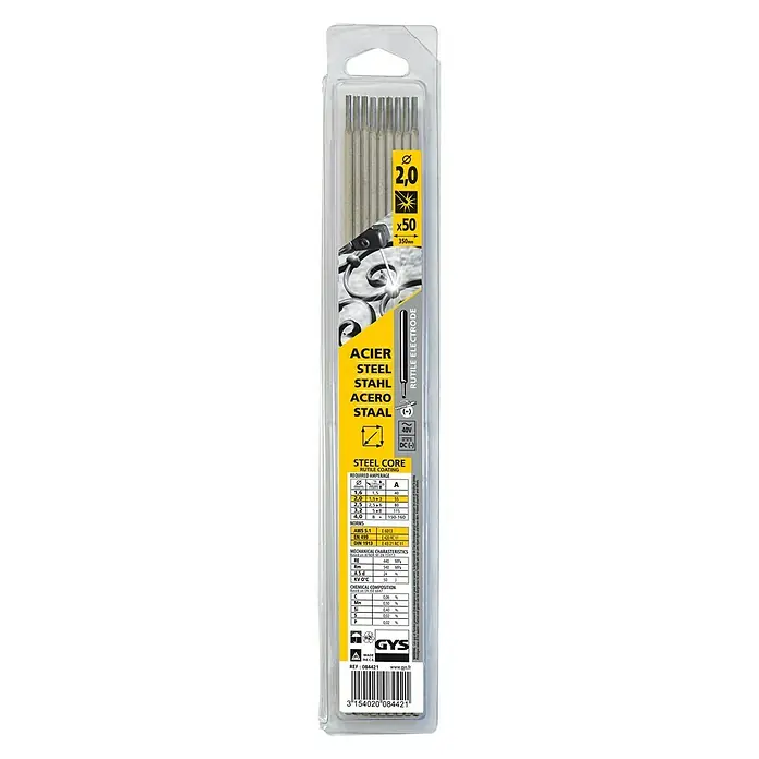 Gys Rutile Stahl-Elektrode - Durchmesser: 2 mm, 50 Stk. - Elektrodenpackung: 2,0 mm Ø, 50 Stück Stahl-Schweißelektroden, optimal für präzise Schweißarbeiten mit Stahl, Länge 350mm.