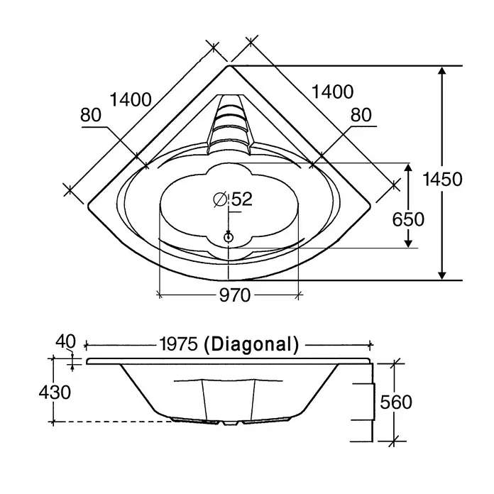 Ottofond Eckbadewanne Sydney - L x B: 140 x 140 cm, Sanitäracryl, Weiß - Technische Zeichnung einer Eckbadewanne mit Maßen, die die Installation und Designspezifikationen für Badezimmerplanung zeigen.