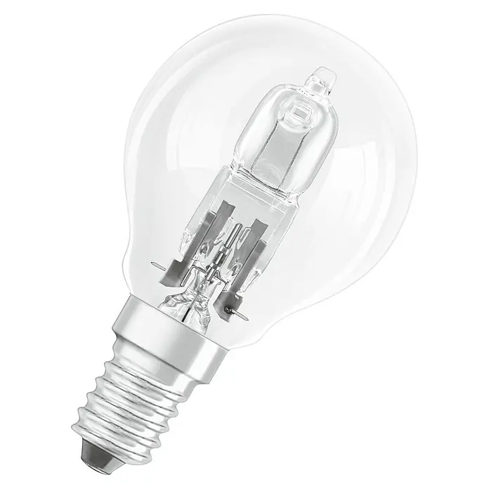 Voltolux Bombilla halógena tubular - Largo: 81 mm, E14, 30 W, 230 V, Blanco cálido - Primer plano de una bombilla halógena Osram clara con base E14, conocida por su eficiencia y luminosidad.