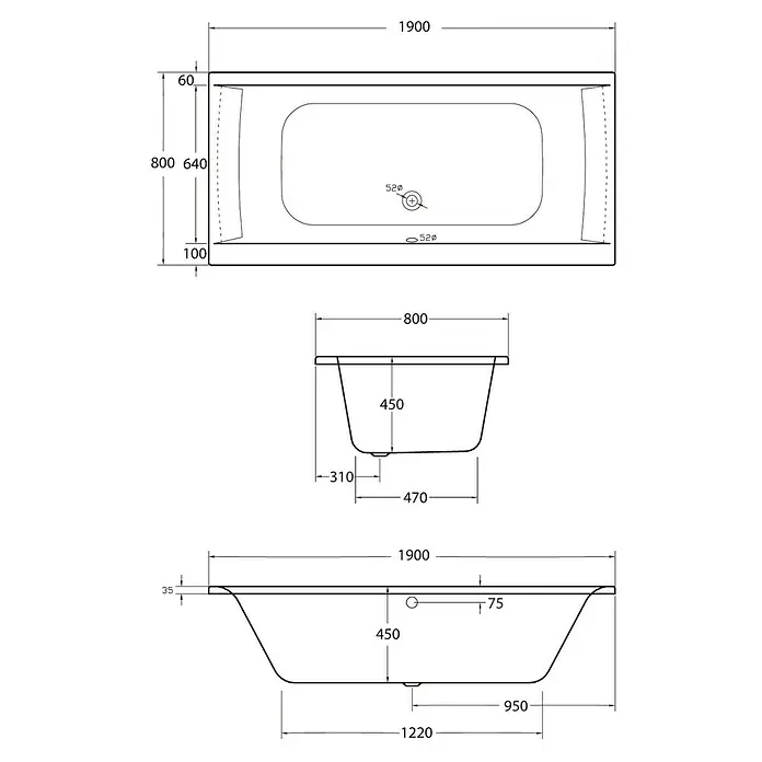Ottofond Badewanne Palermo - 190 x 80 cm, Sanitäracryl, Weiß - Technische Zeichnung einer Badewanne mit Bemaßung. Die Badewanne ist in verschiedenen Ansichten dargestellt und detailliert bemaßt.