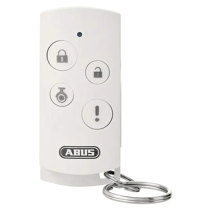 Abus Smartvest Alarmanlagen-Fernbedienung FUBE35001A - 14 x 30 x 60 mm - Eine weiße ABUS-Fernbedienung mit vier Knöpfen und einem Schlüsselring, zur Steuerung von Alarmanlagen und Sicherheitssystemen.