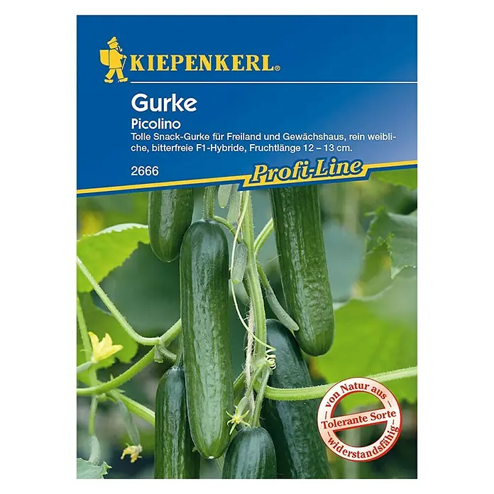 Kiepenkerl Profi-Line Gemüsesamen Gurke Picolino - Cucumis sativus, Erntezeit: Juli - Samentüte mit der Abbildung von 'Picolino' Snackgurken.