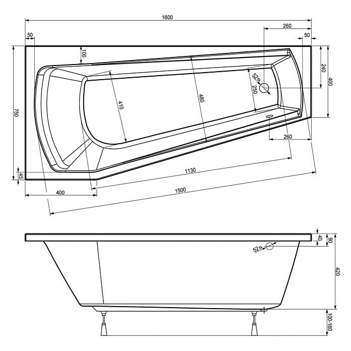 Ottofond Badewanne Bari Mod. BLinksseitig, 160 x 75 cm, Sanitäracryl, Weiß View From Above