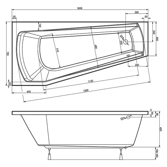 Ottofond Raumsparbadewanne Bari Mod. B - 160 x 75 cm, Sanitäracryl, Weiß, Links - Schema einer Badewanne mit Maßen, das Design und Abmessungen hervorhebt.