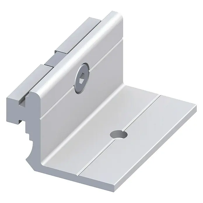 Kantoflex Coaxis Befestigungsflansch - 23,5 x 50 mm, Aluminium, Traglast: 25 kg, Passend für: Coaxis Säulenprofile, Eloxiert - Bild einer silbernen L-förmigen Halterung für Solarmodule mit Schraube und Nut zur Befestigung an einer Montageschiene.