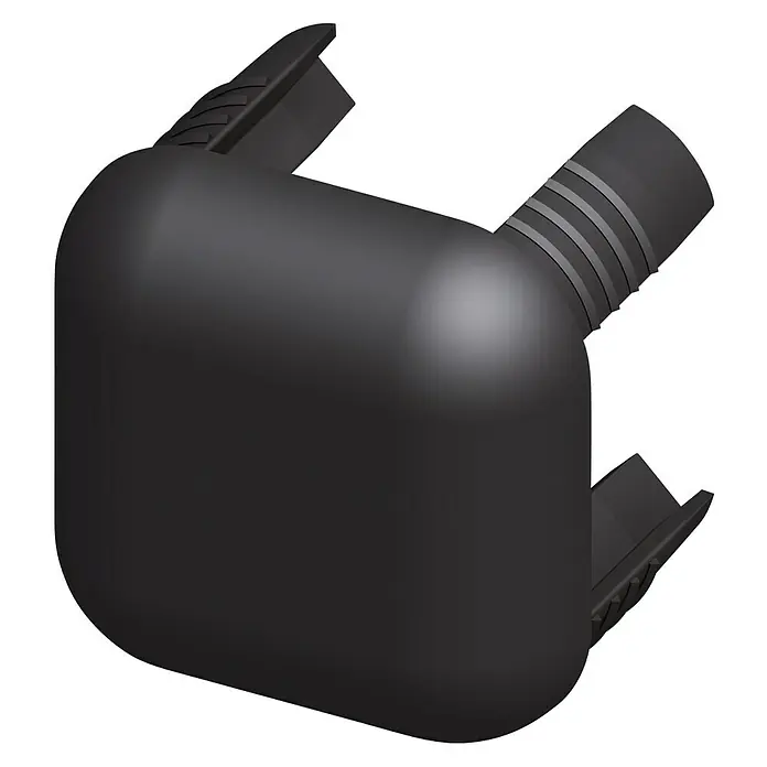 Kantoflex Coaxis Abschlusskappe - Breite: 27,5 mm, Schwarz, PVC - Schwarzer Eckverbinder aus Kunststoff mit gerippten Anschlüssen und Klemmen für verschiedene Anwendungen.
