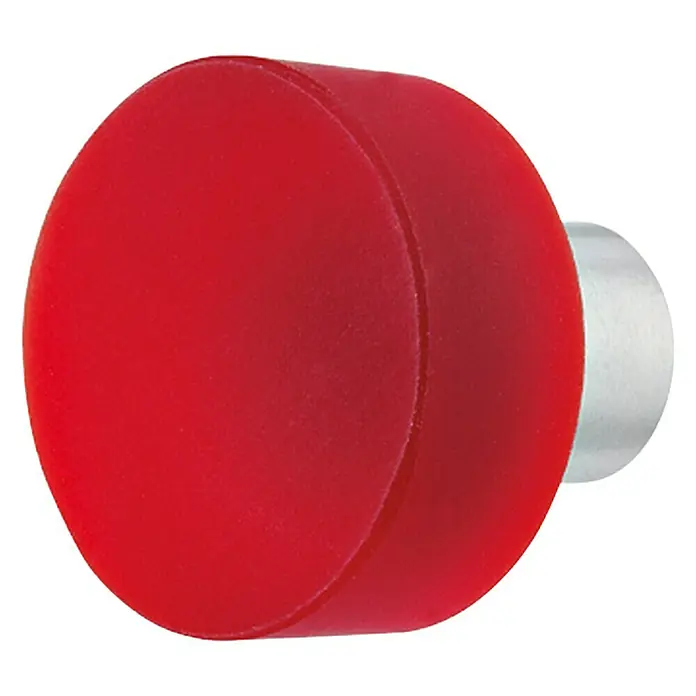 Häfele Pomo para muebles - Ø x Al: 25 x 22 mm, Vidrio, Rojo - Botón pulsador redondo rojo mate con base plateada.