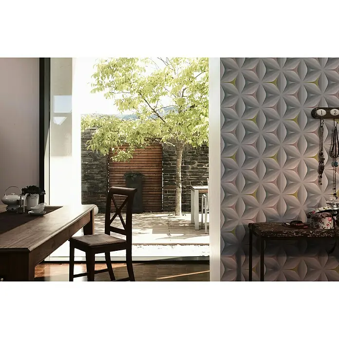 A.S. Création Vliestapete Move Your Wall - Blau/Grau/Rosa, Grafisch, 10,05 x 0,53 m - Wandpaneele mit einem floralen 3D-Design in Grau, Rosa und Gelb, die eine moderne und stilvolle Atmosphäre schaffen.
