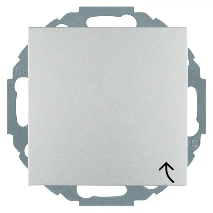 Berker S.1 Steckdose mit Klappdeckel 47441404 - Aluminium, Kunststoff, IP20 - Nahaufnahme eines weißen Lichtschalters mit einem grauen Rahmen und einem kleinen Pfeil, der die Aufwärtsrichtung anzeigt.