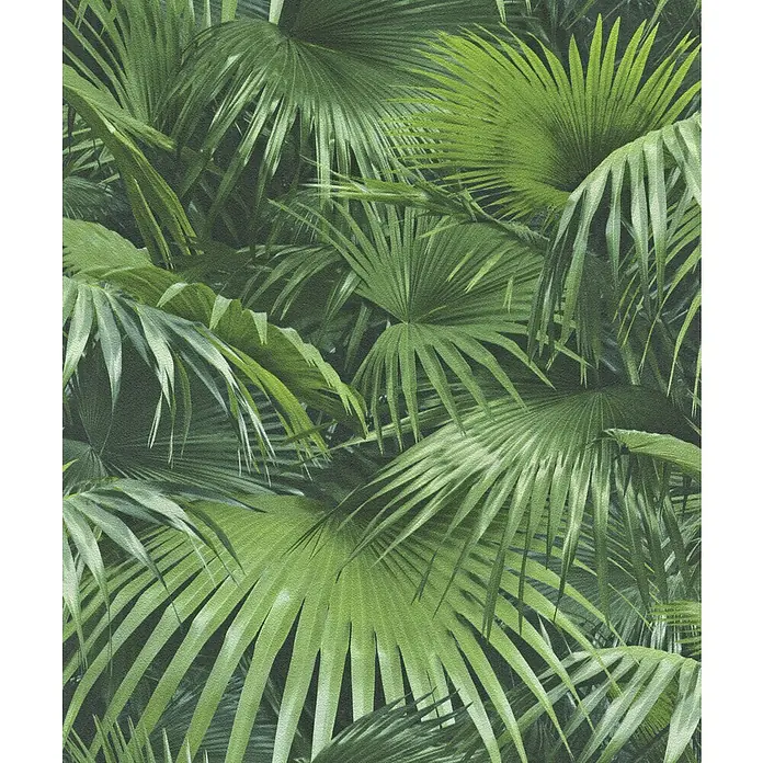 Rasch Crispy Paper Vliestapete Dschungel - Grün, Floral, 10,05 x 0,53 m - Üppiges, grünes Palmenblatt-Muster. Dieses detaillierte Design fängt die Schönheit tropischer Pflanzen mit leuchtenden Grüntönen und filigranen Details ein.