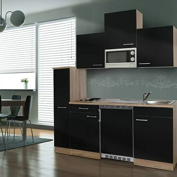 Respekta Cocina compacta Luis - Ancho: 180 cm, Negro, Color del cuerpo: Marrón, Placa vitrocerámica, frigorífico y microondas - Mueble de cocina modular moderno negro y madera clara con electrodomésticos integrados.