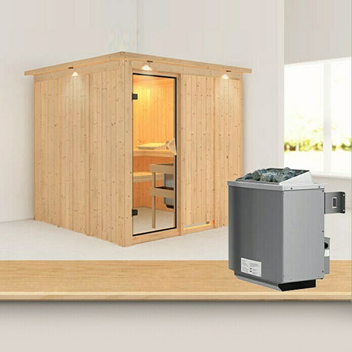 Karibu Elementsauna Rodin (Mit 9 kW Ofen mit integrierter Steuerung, Mit Dachkranz und Beleuchtung, L x B x H: 210 x 210 x 192 cm)