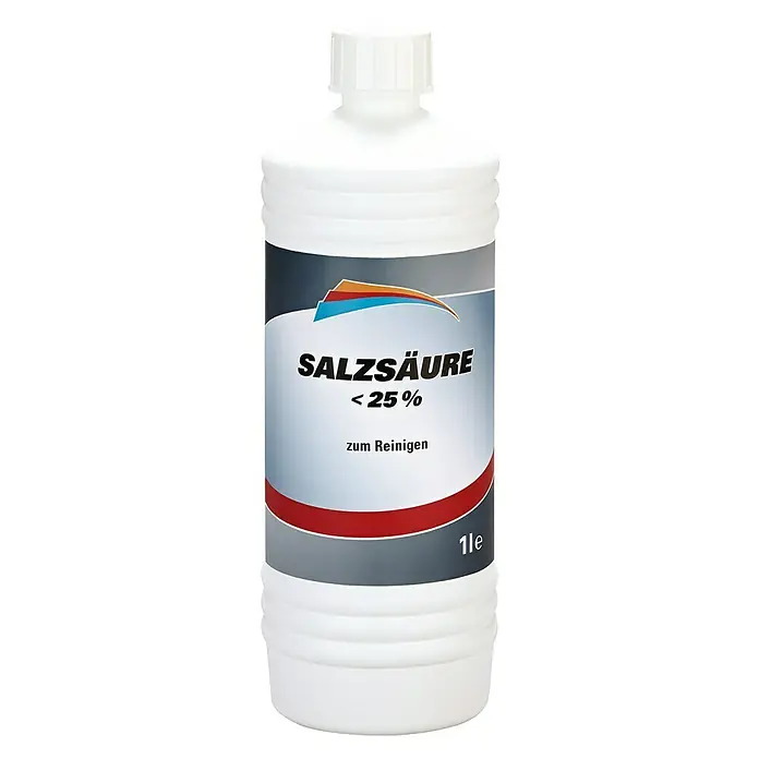 Salzsäure <25 % - 1 l - Salzsäure <25 % in einer weißen Plastikflasche, ein Reinigungsmittel.