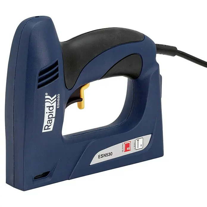Rapid Kombi-Elektrotacker ESN530 - Klammertiefe: 6 mm - 14 mm, Elektrisch - Eine Nahaufnahme eines Rapid ESN530 Elektrotackers in Blau und Schwarz, ideal für Heimwerkerprojekte und Polsterarbeiten.