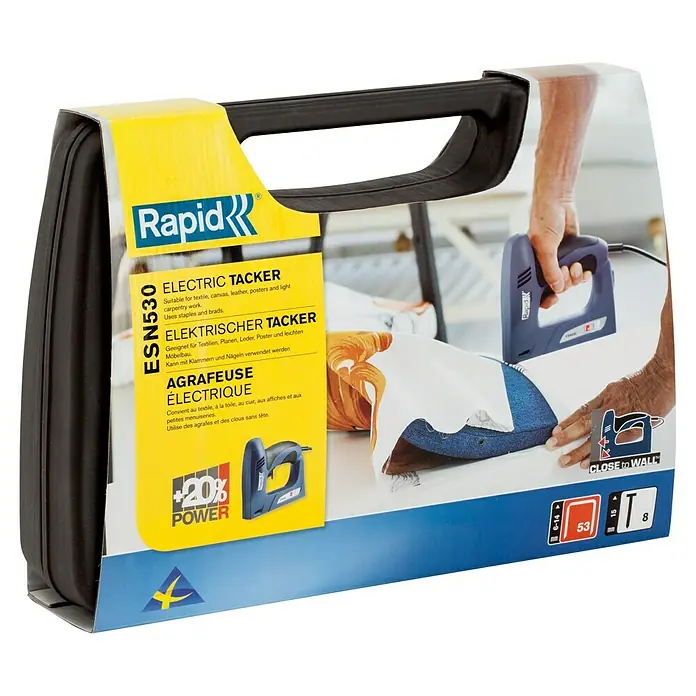 Rapid Kombi-Elektrotacker ESN530 - Klammertiefe: 6 mm - 14 mm, Elektrisch - Die Rapid ESN530 Elektro-Tackermaschine, ideal für Textilien, Leder und leichte Holzarbeiten. Inklusive Heftklammern und Nägel für vielseitige Anwendungen.