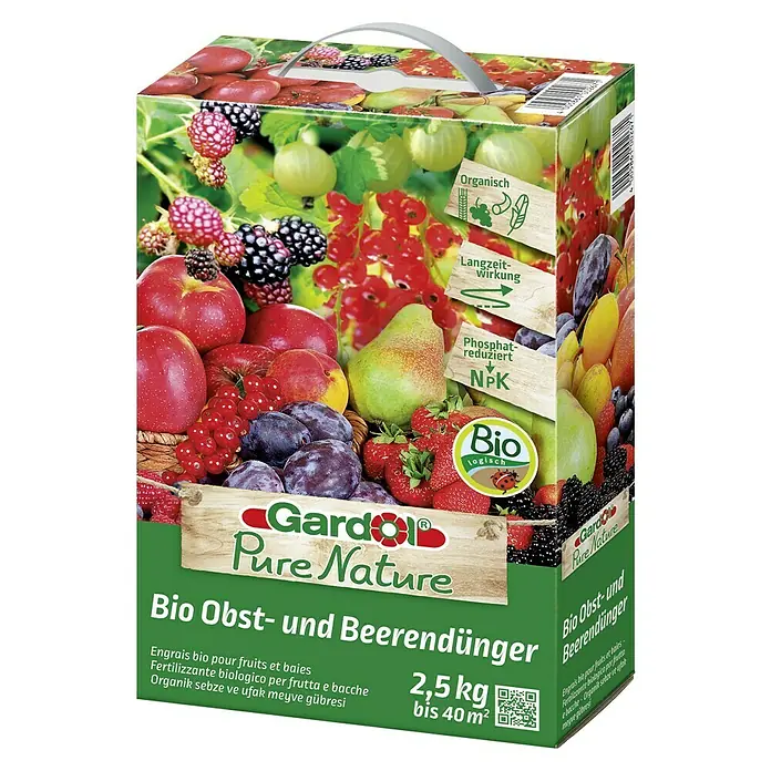 Gardol Pure Nature Bio-Obst- & Beerendünger Bio - 2,5 kg, Max. Anwendungsfläche: 40 m² - Bio Obst- und Beerendünger von Gardol Pure Nature, ein organischer Dünger für den Garten, präsentiert in einer 2,5 kg Packung.