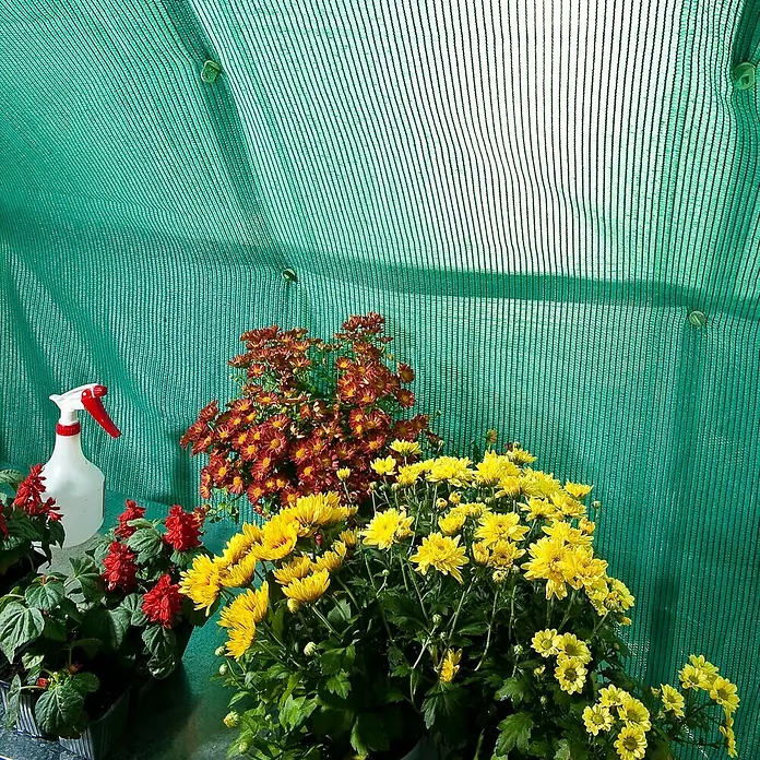Palram – Canopia Schattierungsnetz - 265 x 230 cm, Grün, Kunststoff - Ein Arrangement aus farbenprächtigen Blumen in Gelb-, Rot- und Orangetönen, ergänzt durch eine Sprühflasche, vor grünem Hintergrund.