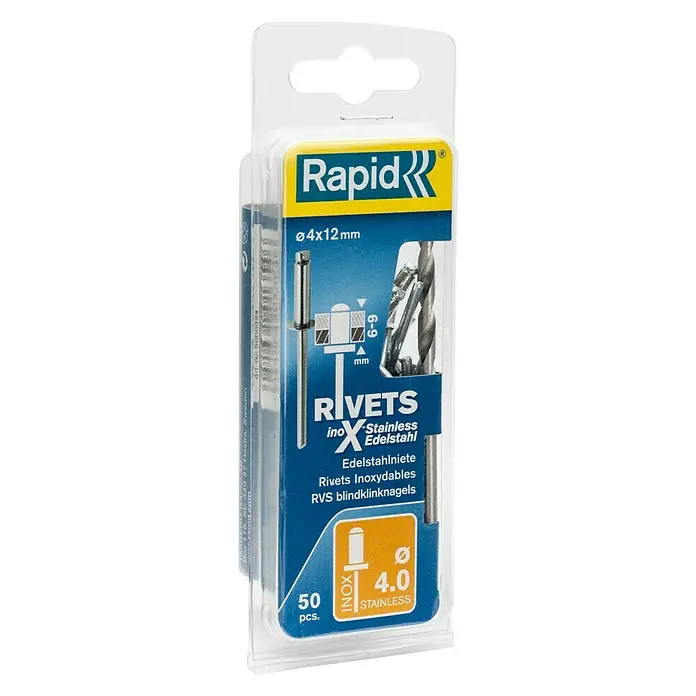 Rapid Blindniete - Nietdurchmesser: 4 mm, Nietlänge: 12 mm, 50 Stk. - Abbildung einer Rapid-Verpackung mit 50 Edelstahl-Blindnieten mit einem Durchmesser von 4 mm und einer Länge von 12 mm.