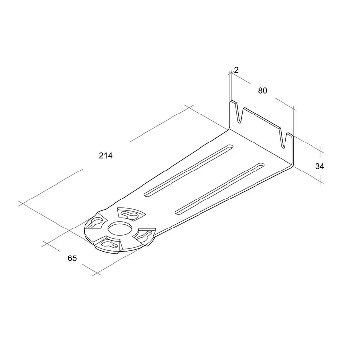Air-Circle Konsole - Passend für: Rohrradialventilator 150, 2 Stk. - Abbildung einer Metallhalterung mit den Maßen 214 x 65 mm, einer Höhe von 34 mm und einer Tiefe von 80 mm.